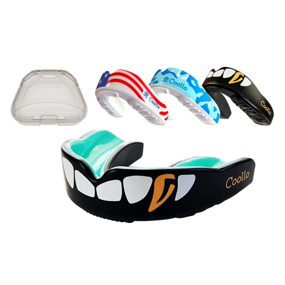 Coollo Sports Boil And Bite Mouth Guard (Youth Adult) Da Custom Fit Sport Mouthpiece For Football, Hockey, Rugby, Lacrosse,Boxing,Mma(Free Case Included) (Cool Golden Fangs, Adult -Ages 11 Above)