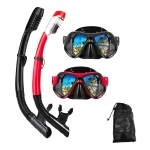 Dipuki Snorkeling Gear For Adults Snorkel Mask Set Scuba Diving Mask Dry Snorkel Swimming Glasses Swim Dive Mask Nose Cover Youth Free Diving (Black+Red(2 Pack))