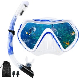 Snorkel mask Snorkeling Set for Adults and Youth, Diving mask and Full Dry Snorkel Swim Googles is Suitable for Snorkeling, Dive Scuba Diving, Swimming (Blue and White-Transparent)