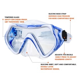 Snorkel mask Snorkeling Set for Adults and Youth, Diving mask and Full Dry Snorkel Swim Googles is Suitable for Snorkeling, Dive Scuba Diving, Swimming (Blue and White-Transparent)