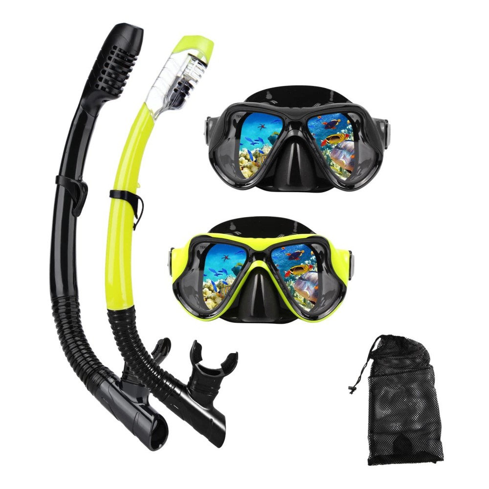 Dipuki Snorkeling Gear For Adults Snorkel Mask Set Scuba Diving Mask Dry Snorkel Swimming Glasses Swim Dive Mask Nose Cover Youth Free Diving (Black+Yellow(2 Pack))