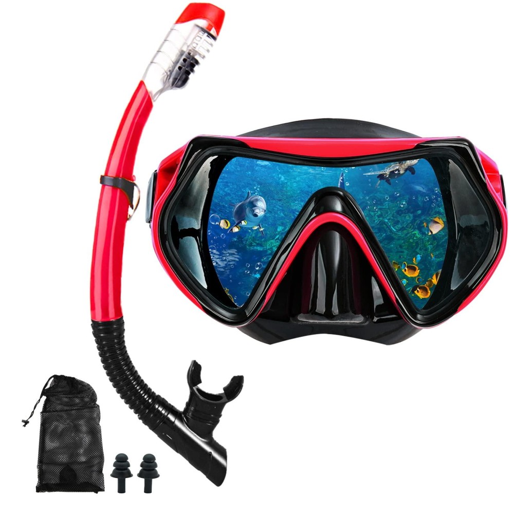 Snorkel Mask Snorkeling Set For Adults And Youth, Diving Mask And Full Dry Snorkel Swim Googles Is Suitable For Snorkeling, Dive Scuba Diving, Swimming (Red)