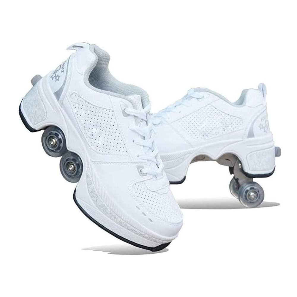 Double-Row Deform Wheel Automatic Walking Shoes Invisible Deformation Roller Skate 2 In 1 Removable Pulley Skates Skating Parkour (Silver, Us 35)