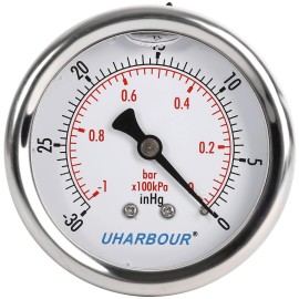 Uharbour Glycerin Filled Vacuum Pressure Gauge, 25 Clear Dial,14Npt Back Connection, Stainless Steel Case, Brass Movement, Dual Scales -30Inhg-1Bar-0