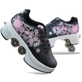 Double-Row Deform Wheel Automatic Walking Shoes Invisible Deformation Roller Skate 2 In 1 Removable Pulley Skates Skating Parkour (Black Flower, Us 65)