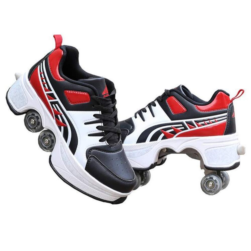 Double-Row Deform Wheel Automatic Walking Shoes Invisible Deformation Roller Skate 2 In 1 Removable Pulley Skates Skating Parkour (Red Black, Us85)