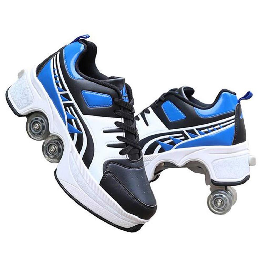 Double-Row Deform Wheel Automatic Walking Shoes Invisible Deformation Roller Skate 2 In 1 Removable Pulley Skates Skating Parkour (Blue Black, Us85)