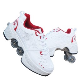 Double-Row Deform Wheel Automatic Walking Shoes Invisible Deformation Roller Skate 2 In 1 Removable Pulley Skates Skating Parkour (Red, Us 8)
