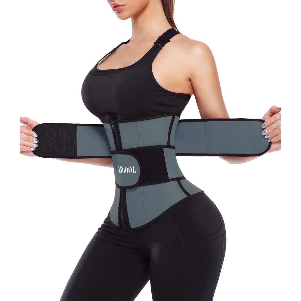 Angool Neopren Waist Trainer For Women,Workout Plus Size Trimmer Belt Sauna Sweat Corset Cincher With Zipper S Gray-Dark