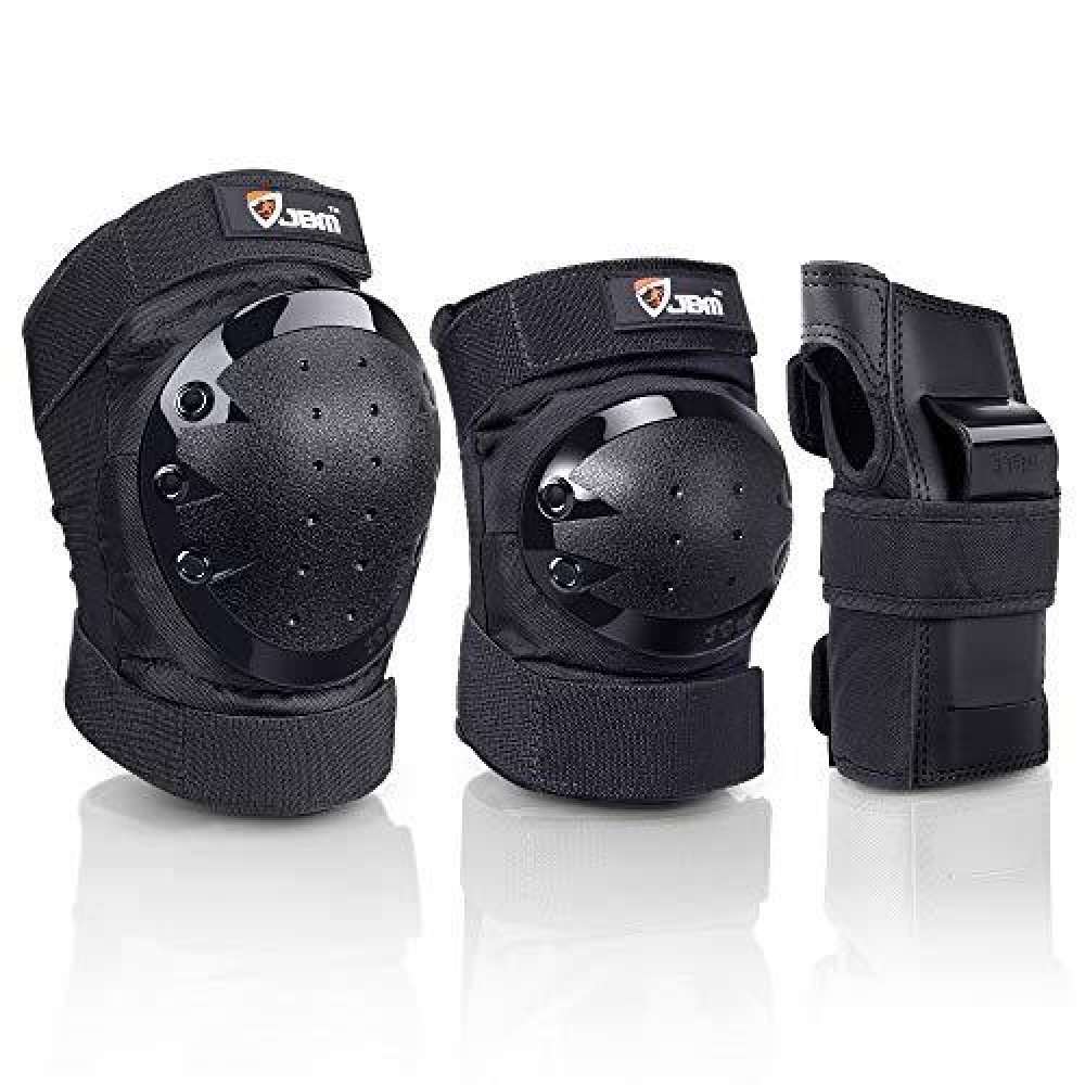 Jbm Adult/Youth Knee Pads Elbow Pads And Wrist Guards Full Protective Gear For Skateboarding Skate Inline Riding Beginner Scooter Roller Skater (Black, Adult )