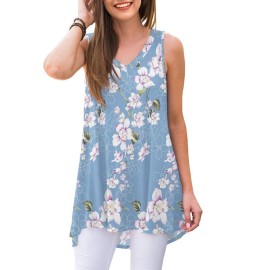 Awuliffan Womens Summer Sleeveless V-Neck T-Shirt Short Sleeve Sleepwear Tunic Tops Blouse Shirts (Flower Light Blue,3X-Largel)