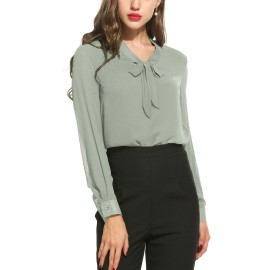 Acevog Ladies Shirts Long Sleeve Slim Fit Blouse For Women Chiffon Business Blouses For Women, Grey Green, Small