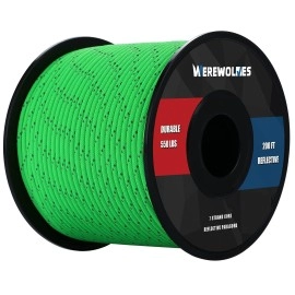 Werewolves Reflective 550 Paracord - 100% Nylon, Rope Roller, 7 Strand Utility Parachute Cord For Camping Tent, Outdoor Packaging (Reflective Neon Green, 1.8Mm 200Feet)