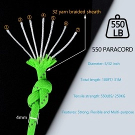 Werewolves Reflective 550 Paracord - 100% Nylon, Rope Roller, 7 Strand Utility Parachute Cord For Camping Tent, Outdoor Packaging (Reflective Neon Green, 1.8Mm 200Feet)