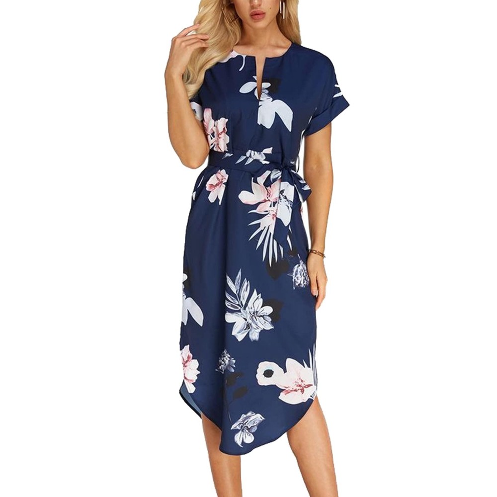 Temofon Womens Dresses Summer Floral Short Sleeve Midi V-Neck Casual Dress With Belt Blue Flower M