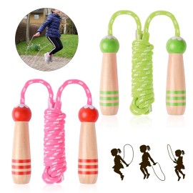 Lorvain Jump Rope For Kids, 2 Pcs Girls & Boys Skipping Ropes Wooden Handle Adjustable Cotton Braided Jumping Ropes, For Children Students Preschooler School-Aged Child Outdoor Exercise (Red+Green)
