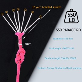 Werewolves Reflective 550 Paracord - 100% Nylon, Rope Roller, 7 Strand Utility Parachute Cord For Camping Tent, Outdoor Packaging (Reflective Neon Pink, 4Mm 200Feet)