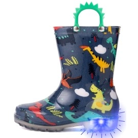 Outee Toddler Boys Rain Boots Little Kids Baby Light Up Printed Waterproof Mud Shoes Blue Dinosaur Lightweight Rubber Adorable With Easy-On Handles Non Slip (Size 10,Blue)