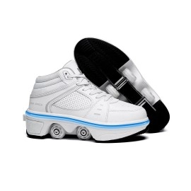 Kofuboke Led Deformation Roller Skate Shoes Double-Row Walking Shoes With Invisible Wheels 2 In 1 Removable Pulley Parkour Skating (High-Top White With Light, 7)