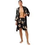 Soly Hux Mens Silk Bathrobes Long Sleeve Satin Kimono Robe With Shorts Sleepwear Pajamas Set Black Xl