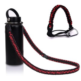 Ilvanya Paracord Handle With Shoulder Strap Compatible With Hydro Flask Wide Mouth Bottles, Paracord Strap Carrier For 12Oz To 64Oz Bottle, Bottle Accessories With Safety Ring Carabiner (Red & Black)