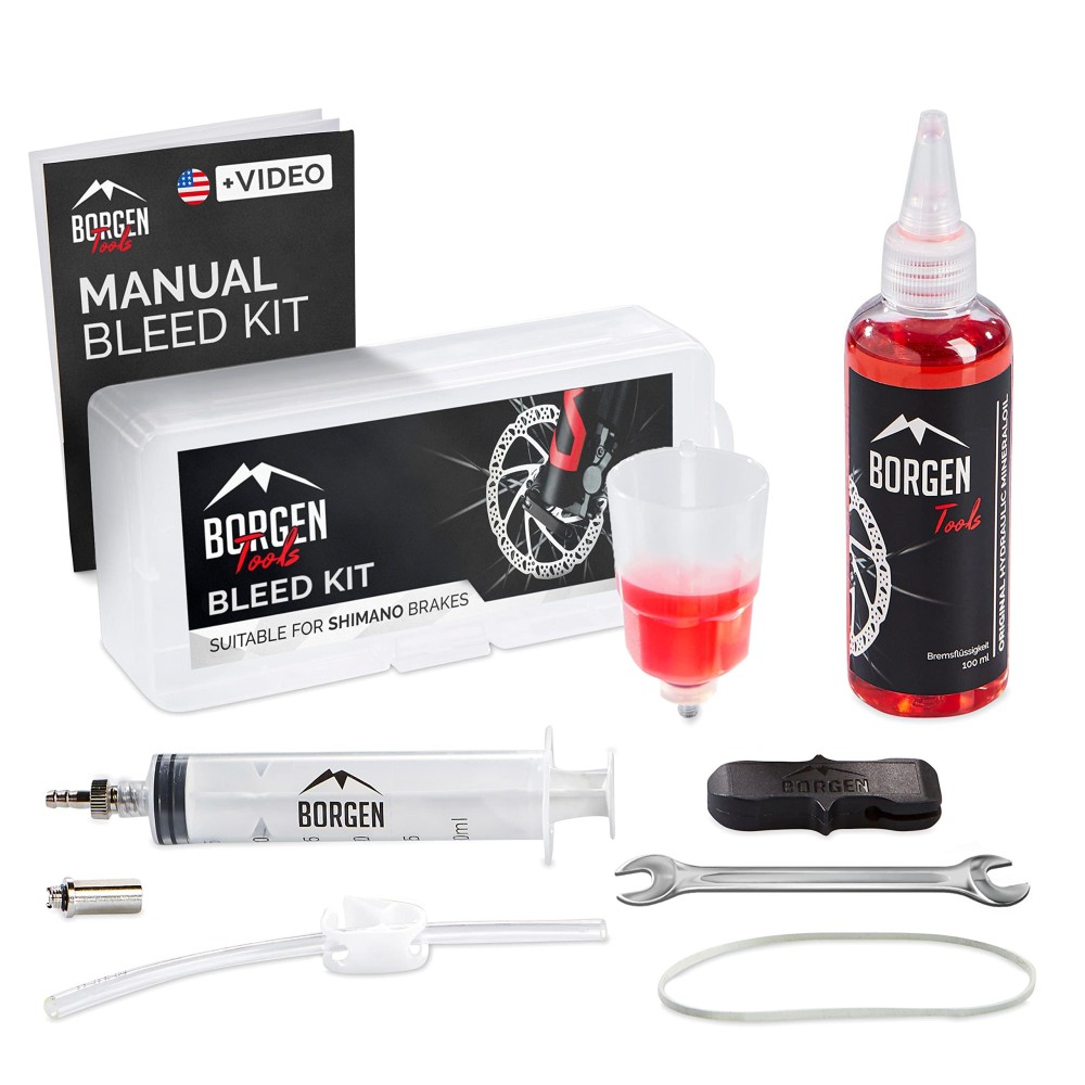Borgen Bike Brake Bleed Kit For Shimano Hydraulic Disc Brakes I Brake Bleeder Kit Bike With 100Ml (34Oz) Hydraulic System Mineral Oil - Made In Germany Step By Step Instructions And Video Manual