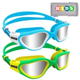 Omid Kids Swim Goggles, 2 Packs P2 Comfortable Polarized Unisex-Child Swimming Goggles, Anti-Fog No Leaking Swim Goggles For Children With Uv Protection Age 6-14 (Green Silver+Blue Silver)