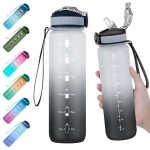 Eyq Leak Proof Water Bottle,1L Fitness Sports Bottle With Straw & Time Marker Bpa Free - Blackgray