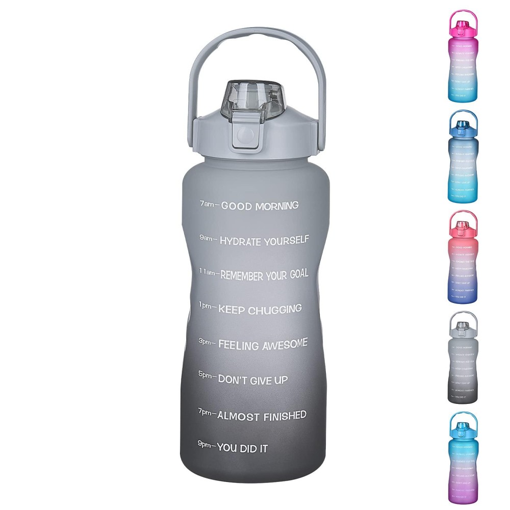 Eyq Leak Proof Water Bottle, 2 Litre Fitness Sports With Straw & Time Marker Bpa Free Bottle- Blackgray