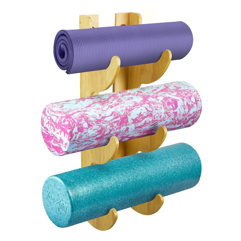 Yes4All Wall Mount Wooden Foam Roller Rackyoga Mat Holder For Storing Home Gym Accessories And Decor