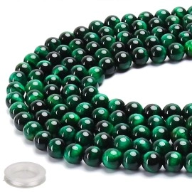 60Pcs Natural 6Mm Healing Gemstone, Green Tigeras Eye Energy Stone Round Loose Beads, Semi-Precious Crystal Beads With Free Elastic String For Jewelry Making Diy