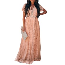 Blencot Womens Casual Floral Lace Deep V Neck Short Sleeve Long Evening Dress Cocktail Party Maxi Wedding Dresses Bohemian Flowy Boho Dress Pink Small
