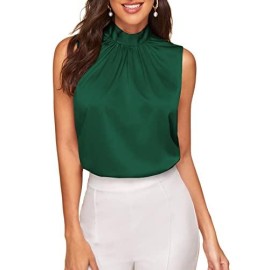 Verdusa Womens Elegant Tie Back Sleeveless Pleated Mock Neck Satin Blouse Top Dark Green S