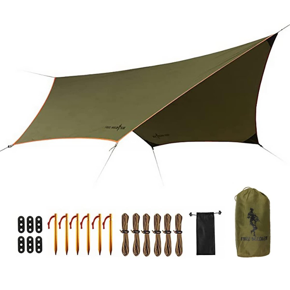 Free Soldier Waterproof Portable Tarp Multifunctional Outdoor Camping Traveling Awning Backpacking Tarp Shelter Rain Tarp (Greenish Brown 6 Loop 10A10Ft)