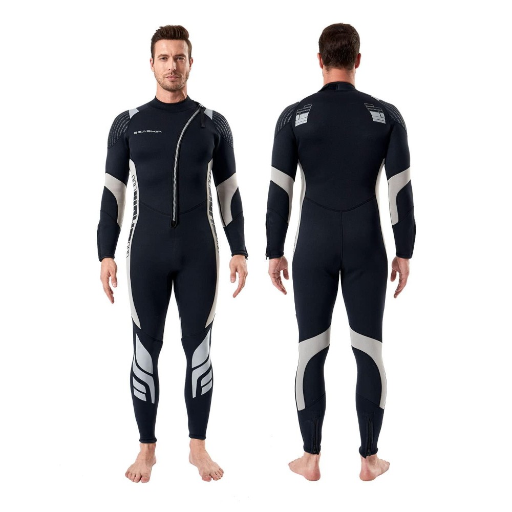 Seaskin Wetsuit Men Women 3Mm Neoprene Full Body Diving Suits Front Zip Wetsuit For Diving Snorkeling Surfing Swimming (Mens Black+Gray, X-Large)