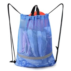 Beegreen Mesh Bag Drawstring Backpack With Zipper Pocket Swim Bag For Beach Swimming Gear Swimmers Equipment Workout Large Gym Bag For Adults Sports Washable Blue