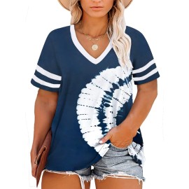 Happy Sailed Womens Plus Size Tie Dye Printed Tops Summer Short Sleeve V Neck Loose Casual Tee Shirts,2X Blue