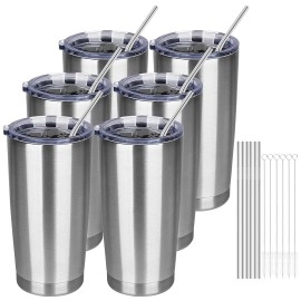 Mezmut 6 Pack Insulated Tumblers With Lids And Straws 20Oz Stainless Steel Coffee Tumbler Cup Double Wall Vacuum Travel Coffee Mugs For Home, Office, Outdoor(Silver,6 Pack)