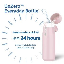 Philips GoZero Everyday Insulated Stainless Steel Filtered Water Bottle with Philips Everyday Water Filter, BPA Free, Purify Tap Water into Healthy Tastier Water Keep Drink Hot/Cold, 18.6 oz. Pink