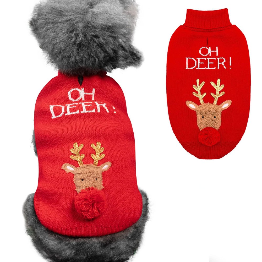 Cyeollo Dog Christmas Sweater Reindeer Knitted Turtleneck With Leash Hole Holiday Costume Puppy Clothes Xmas Sweaters For Small Dogs Cats