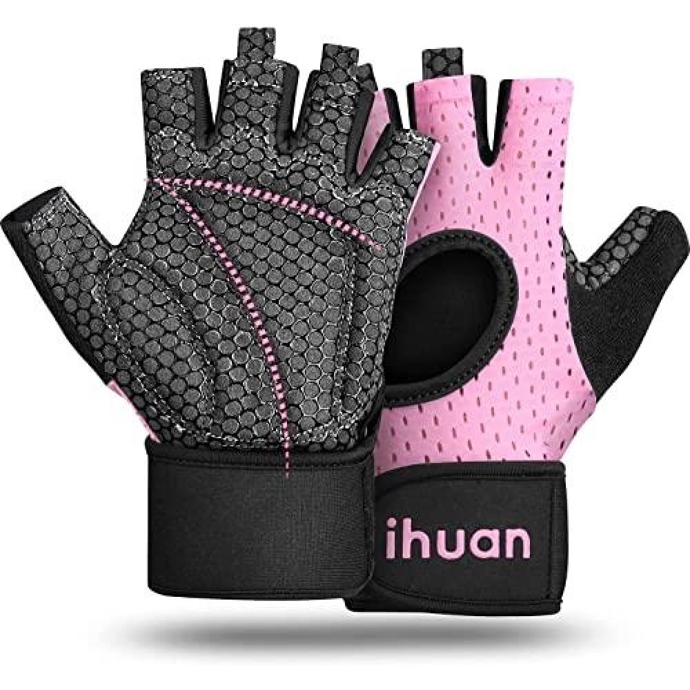 Ihuan Breathable Weight Lifting Gloves: Fingerless Workout Gym Gloves Wrist Support Palm Protection Extra Grip For Fitness Rowing Pull-Ups