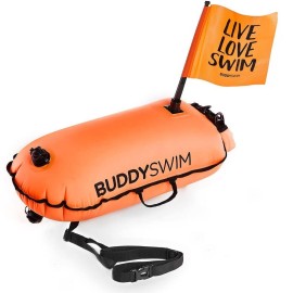 Buddyswim Safety Buoy For Swimming In Open Water With Removable Flag For Extra Visibility - Drybag With Lightweight And Sturdy Nylon Finish Interior Compartment - Orange