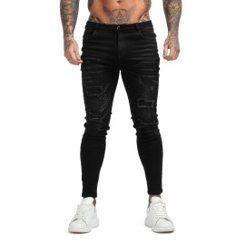 Gingtto Mens Skinny Jeans Stretch Ripped Tapered Leg (28, Black Distressed)