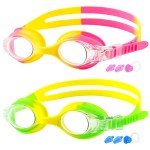 Cooloo Kids Goggles For Swimming For Age 3-15, 2 Pack Kids Swim Goggles With Nose Cover, No Leaking, Anti-Fog, Waterproof, Pinkyellow Greenyellow