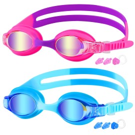 Cooloo Kids Goggles For Swimming For Age 3-15, 2 Pack Kids Swim Goggles With Nose Cover, No Leaking, Anti-Fog, Waterproof, Blue Pink