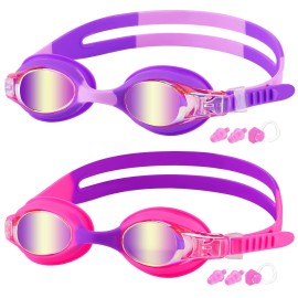 Cooloo Kids Goggles For Swimming For Age 3-15, 2 Pack Kids Swim Goggles With Nose Cover, No Leaking, Anti-Fog, Waterproof, Purple Pink