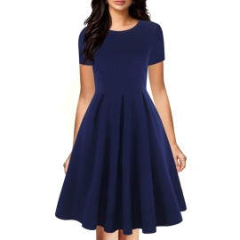 Oxiuly Womens Vintage Half Sleeve O-Neck Contrast Casual Pockets Party Swing Dress Ox253 (Solid Blue, L)