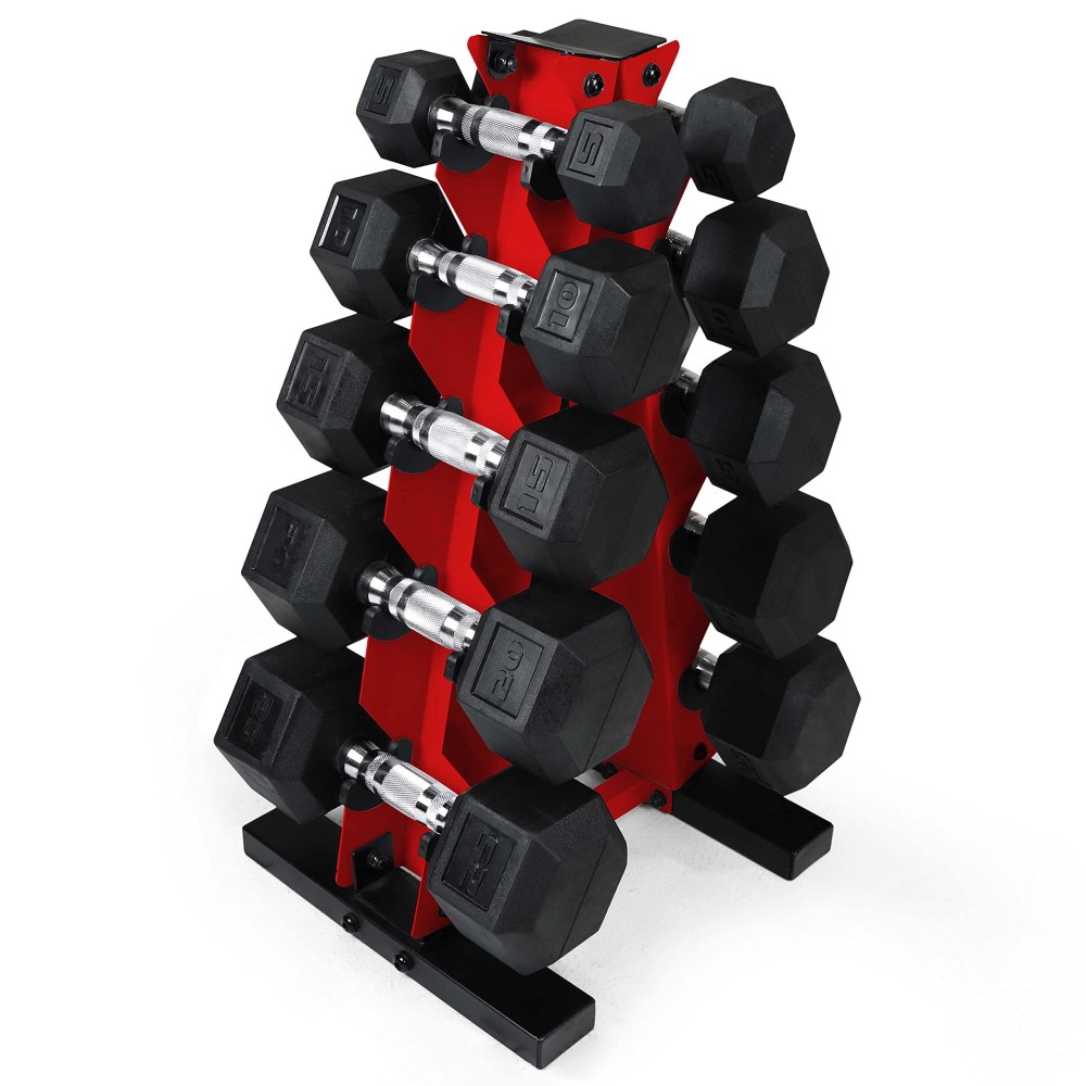 Wf Athletic Supply 5-25Lb Rubber Coated Hex Dumbbell Set With A Frame Storage Rack Non-Slip Hex Shape For Muscle Toning, Strength Building Weight Loss - Multiple Choices Available