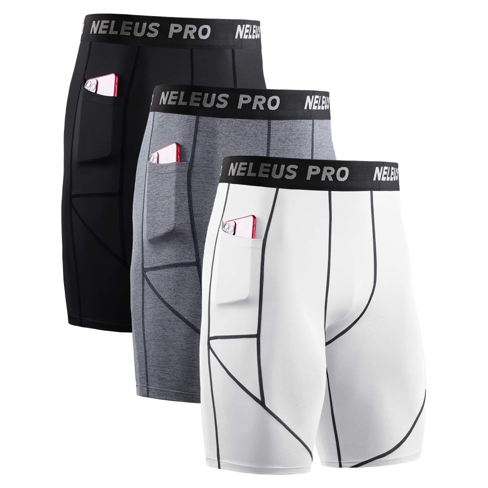 Neleus Mens Compression Shorts With Pockets Workout Running Tights,3 Pack,6082,Blackgreywhite,3Xl