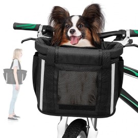 Anzome Deluxe Pet Bike Basket, Adjustable Fit Front Handlebar Carrier With Reflective Stripes, Seatbelt, Breathable Mesh And Soft Mat For Small Pets, Quick Release